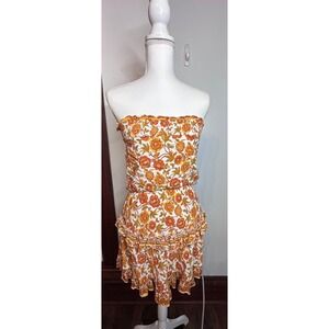 Indikah Floral Strapless Mini Dress Orange Yellow Boho S (tie missing)